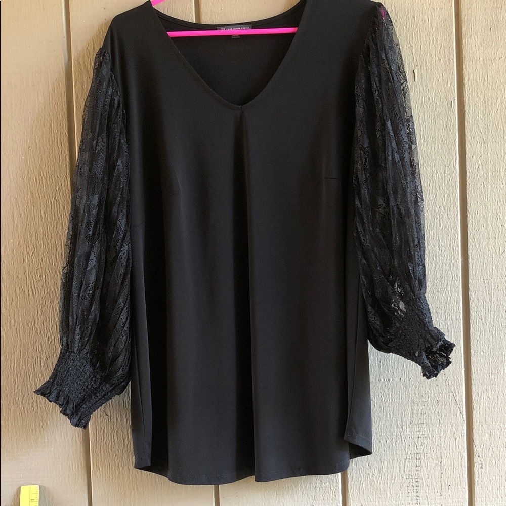 Adrianna Papell Black V-Neck Top with Lace Balloon Sleeves